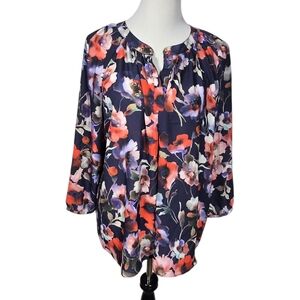 Willi Smith Large Blue Floral Long Sleeve Blouse